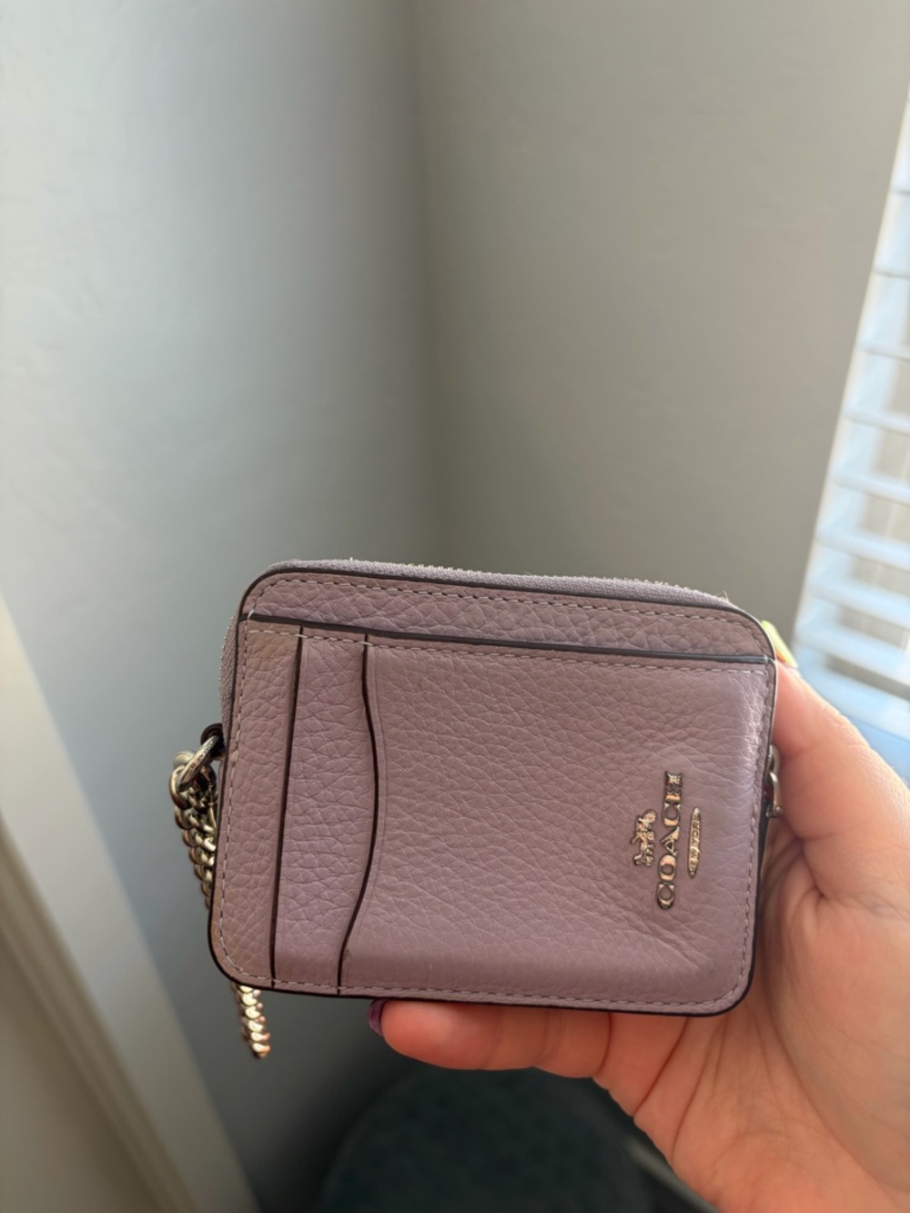 Coach Lilac Pebbled Leather Card Case with Gold Chain